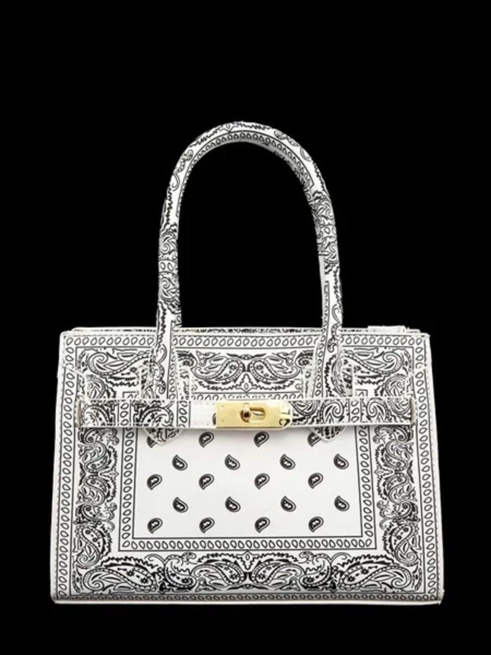White Paisley-Print Top-Handle Bag with Gold Hardware